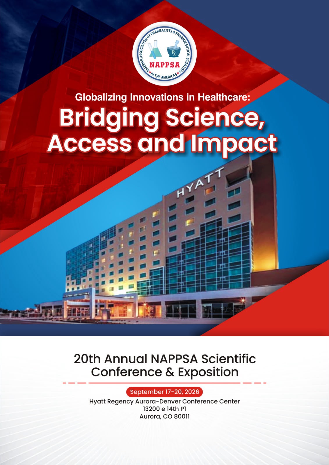 NAPPSA 2026 conference flyer: Globalizing Innovations in Healthcare, Bridging Science, Access and Impact, September 17-20, 2026, Hyatt Regency Aurora-Denver Conference Center