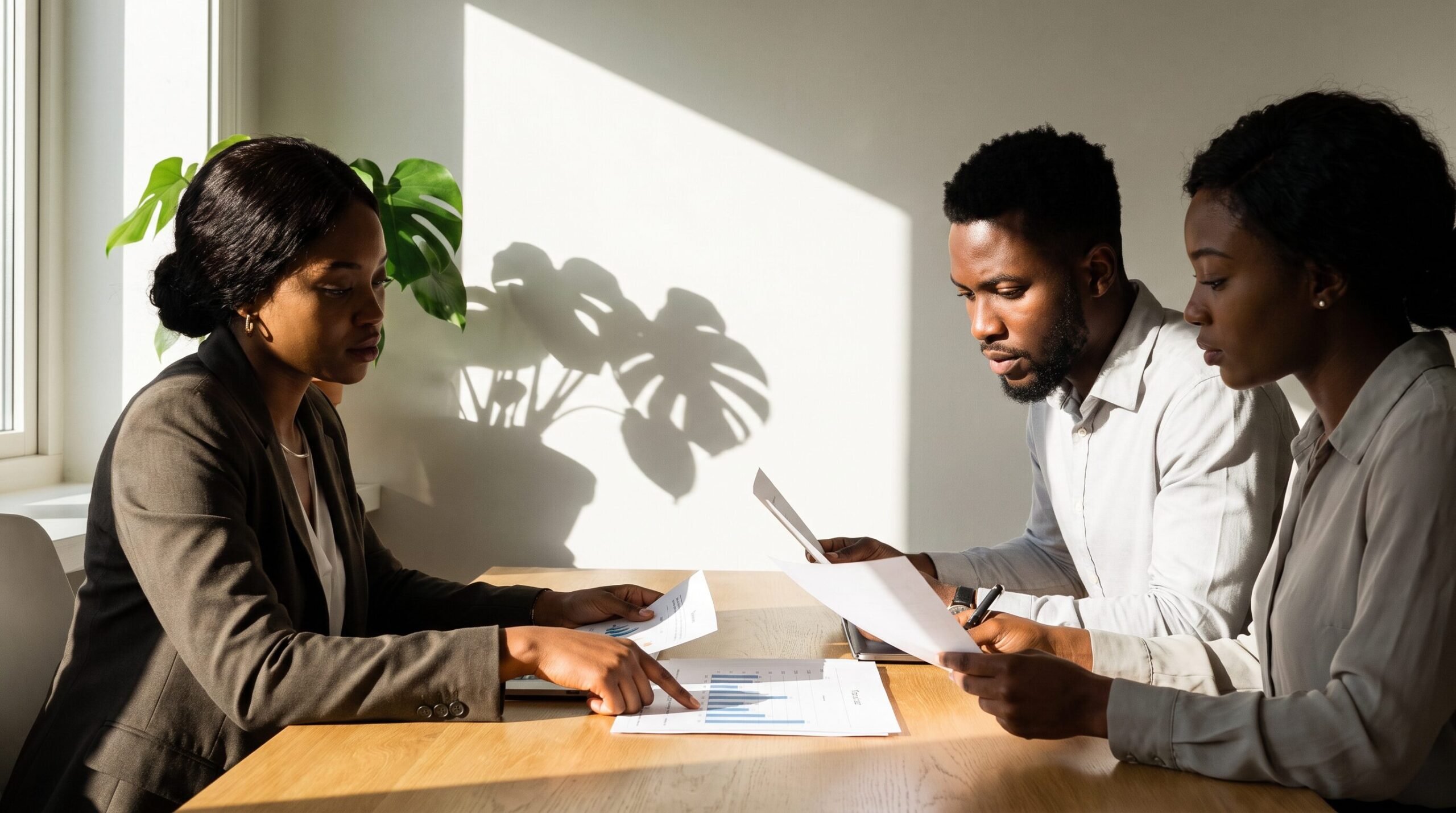 Three professionals reviewing financial charts together, representing careful stewardship of the endowment