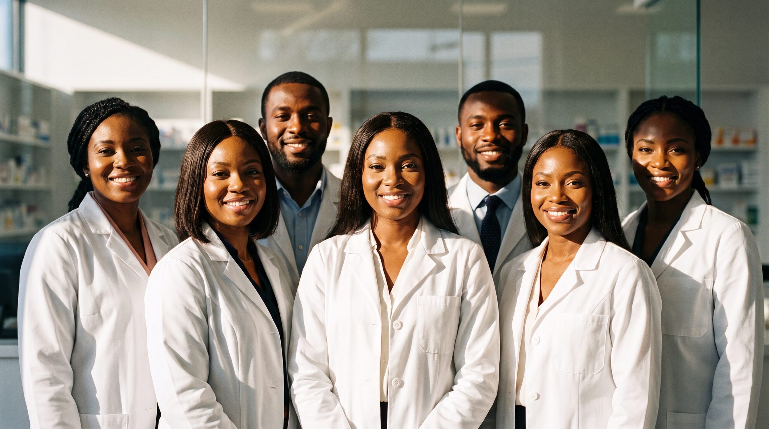 A group of NAPPSA pharmacists in white coats standing together, representing a steady, lasting community
