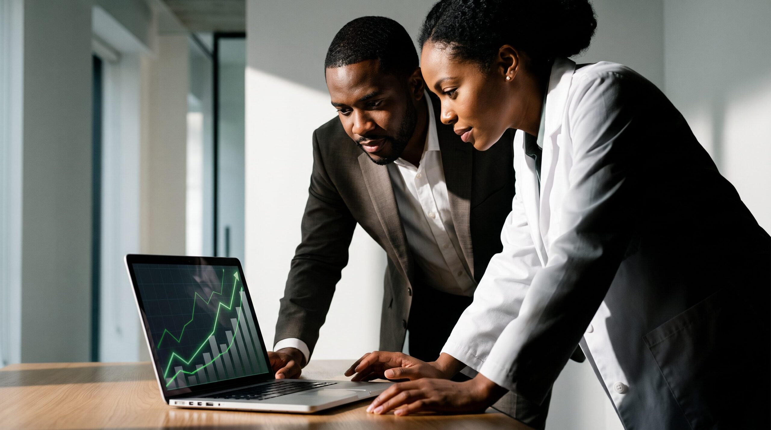 An advisor and a pharmacist reviewing rising investment growth charts, representing prudent investing